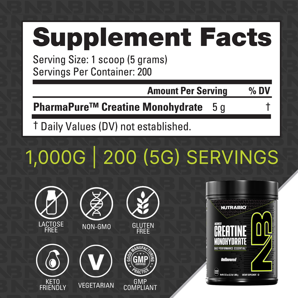 NutraBio, Performance, микронизированный моногидрат креатина, 1000 г (35,3 унции)
