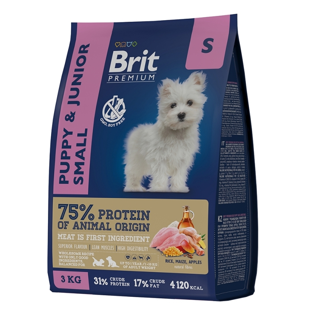 Сухой корм Brit Premium Dog Puppy and Junior Small для щенков мелких пород, курица, 3 кг