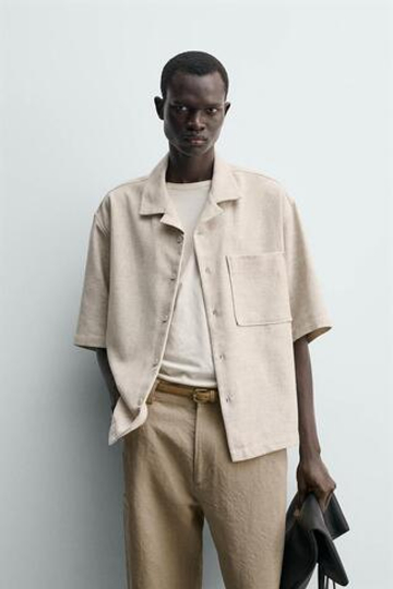 ZARA РУБАШКА BOXY FIT ИЗ РЕЛЬЕФНОЙ ТКАНИ, СВЕТЛО-БЕЖЕВЫЙ