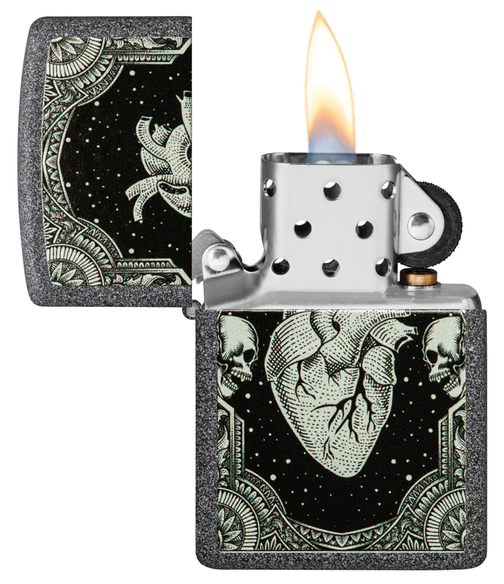 Зажигалка Zippo Heart Design с покрытием Iron Stone, латунь/сталь, серая, 38x13x57 мм
