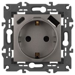 Розетка ЭРА Elegance 14-4108-16 2P+E 16A-250В со шторками с USB type-A+C 5В-3А титан | Эра Elegance
