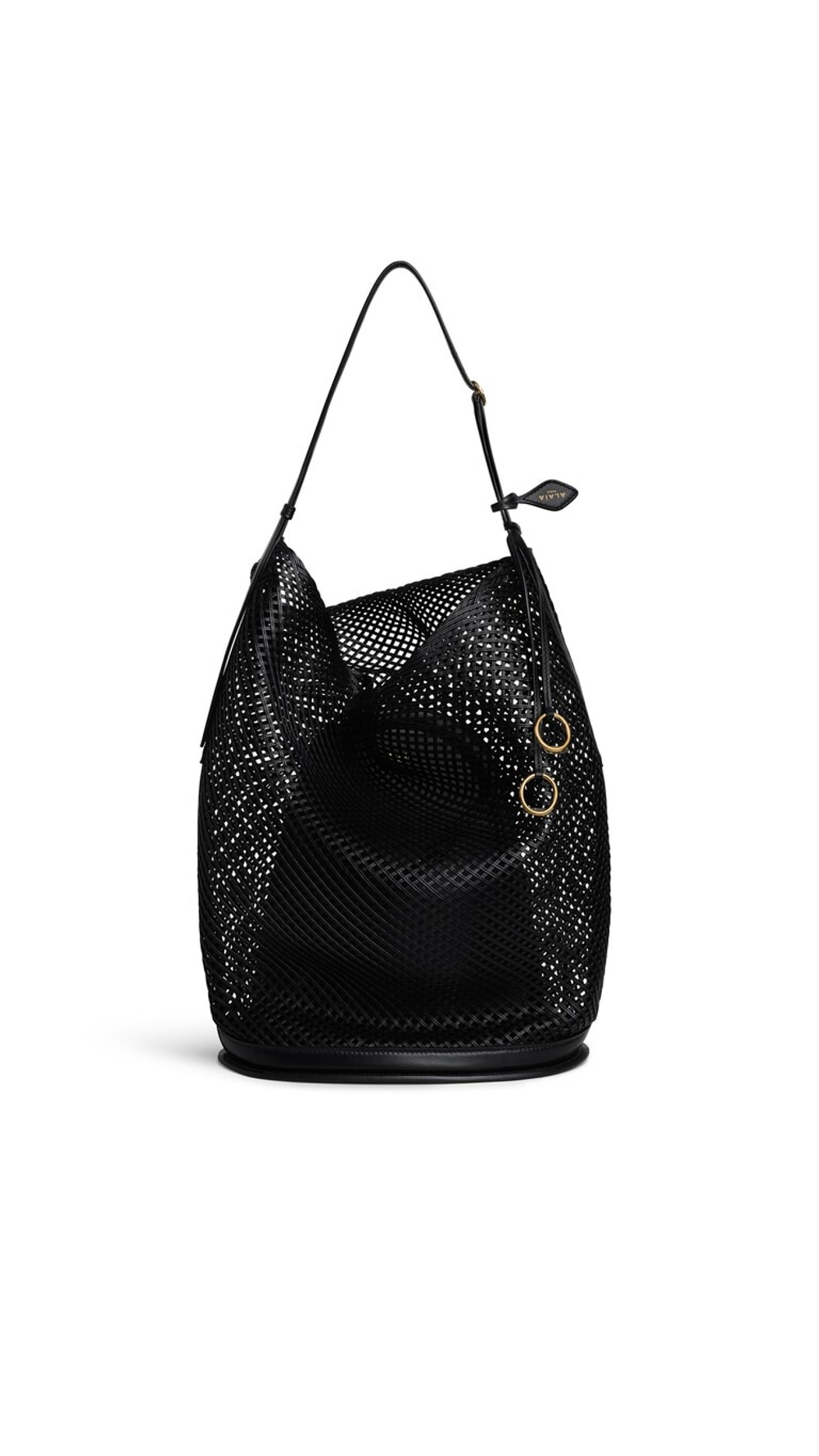 ALAÏA БОЛЬШАЯ СУМКА-ВЕДРО ИЗ КОЖАНОЙ СЕТКИ, ЧЕРНЫЙ