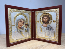 Складень, Казанская БМ, Молитва, икона прямоугольная, красное дерево 260x420