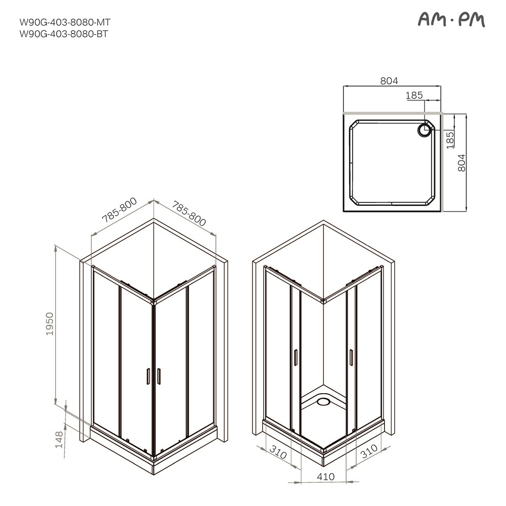 Душевое ограждение 80x80 см, без поддона AM.PM Gem W90G-403-8080-MT