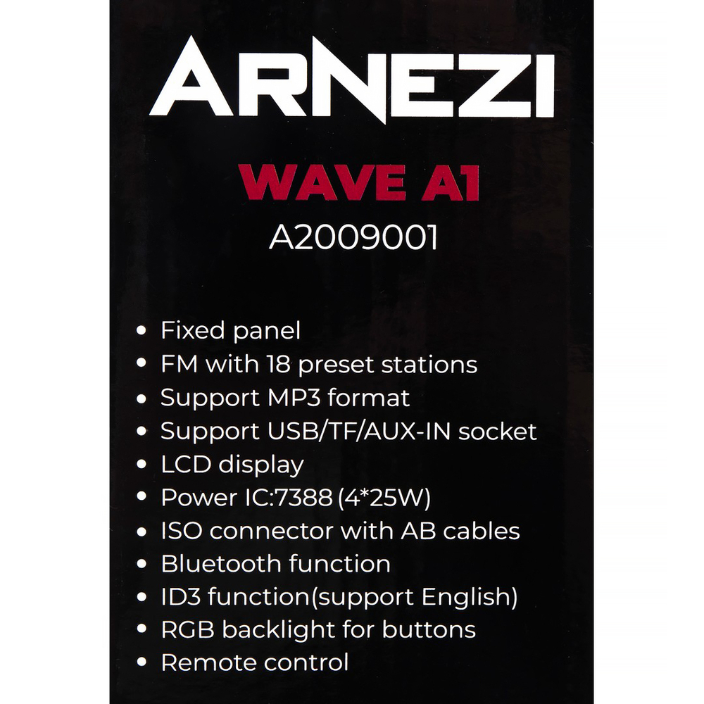 Автомагнитола ARNEZI Wave A1 4х25Вт (Bluetooth, FM, AUX, USB, TF) / A2009001