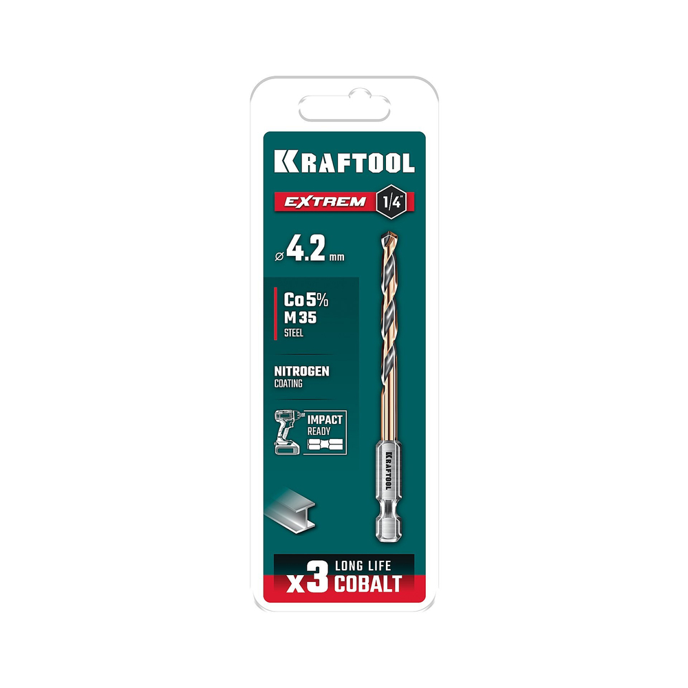 KRAFTOOL НЕХ-1/4″, d 4.2 х 83 мм, сверло по металлу для винтовёртов и шуруповертов IMPACT READY (29652-4.2)