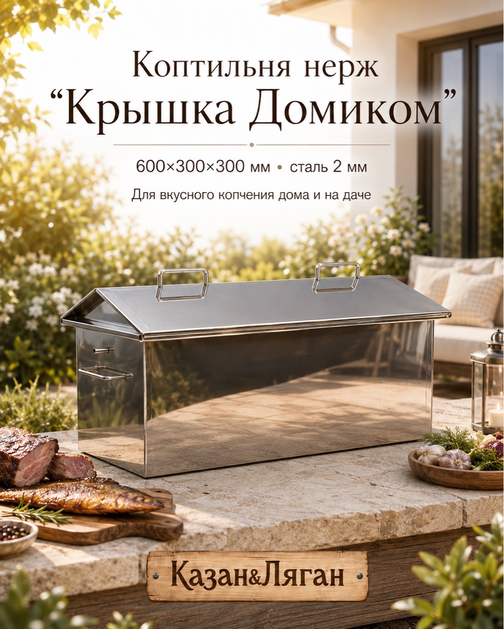 Коптильня нерж "Крышка Домиком" 600х300х300 2 мм