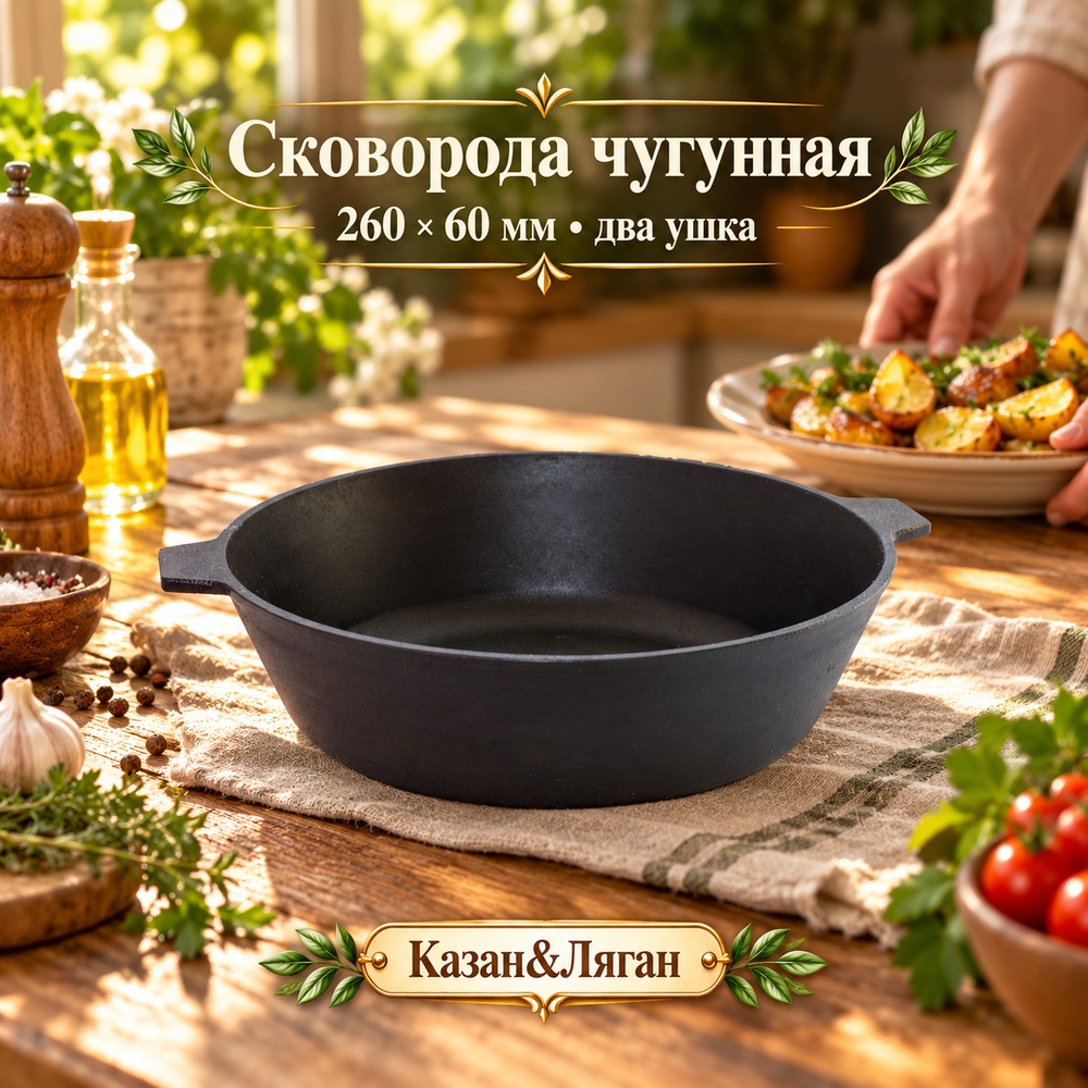 Сковорода литая чугунная 260х60 с двумя ушками Камск