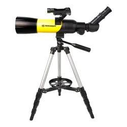 Телескоп BRESSER 70/400 в черном рюкзаке (88-80961) - вид сбоку на настольном штативе с искателем