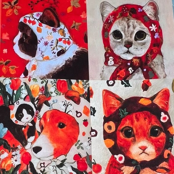 Купон, 4 ряда КОШКИ В ПЛАТОЧКАХ, АКВАРЕЛЬ, 100% хлопок 4