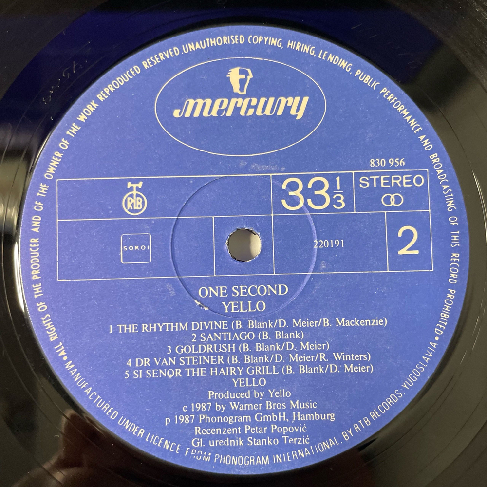 Винтажная виниловая пластинка LP Yello One Second (Югославия 1988)