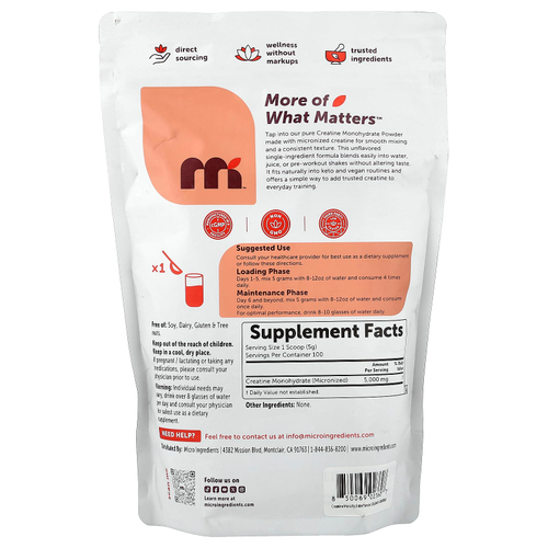 Micro Ingredients, моногидрат креатина в порошке, без вкусовых добавок, 500 г (17,6 унции)