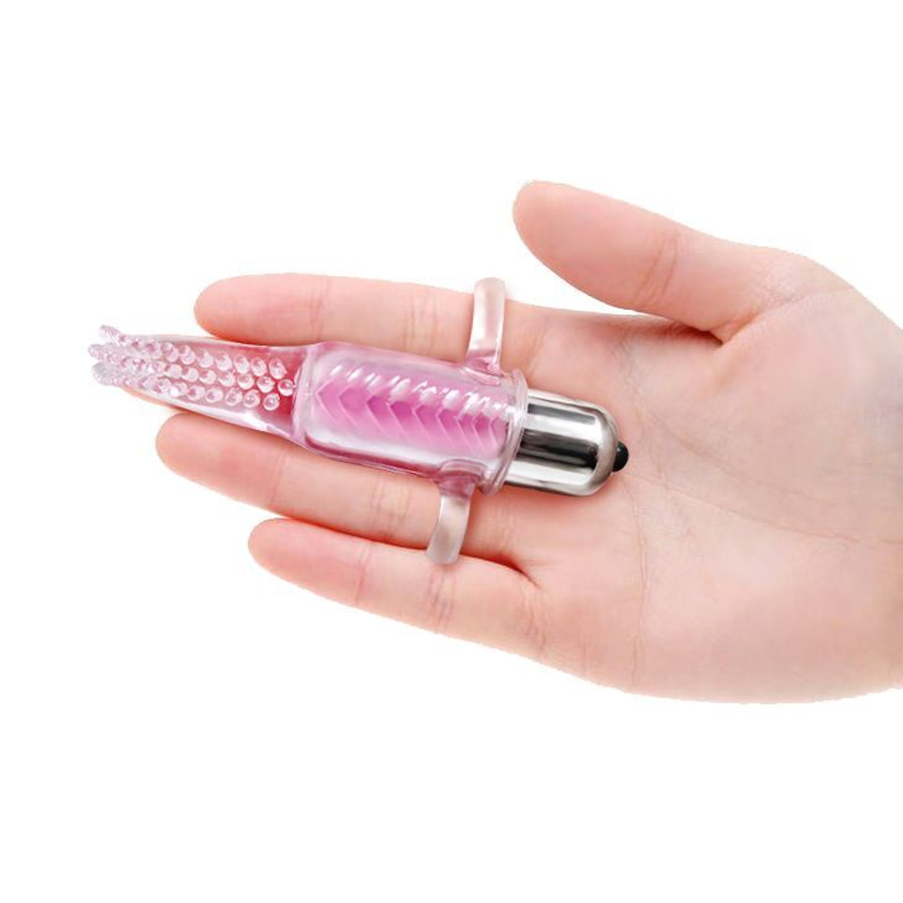 Розовый вибромассажер с щёточкой и петлями для пальцев Vibro Finger (Цвет: розовый)