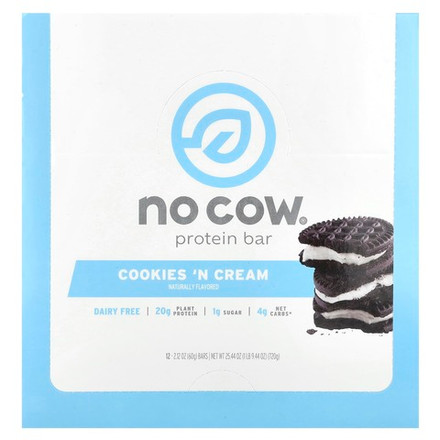 No Cow, протеиновый батончик, со вкусом печенья с кремом, 12 батончиков, 60 г (2,12 унции)