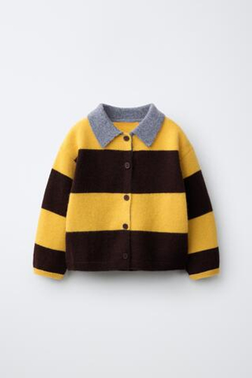 ZARA КАРДИГАН В ПОЛОСКУ ИЗ 100% ШЕРСТИ, ГОРЧИЧНЫЙ
