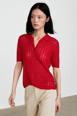 Massimo Dutti Трикотажное поло с ажурным узором, красный