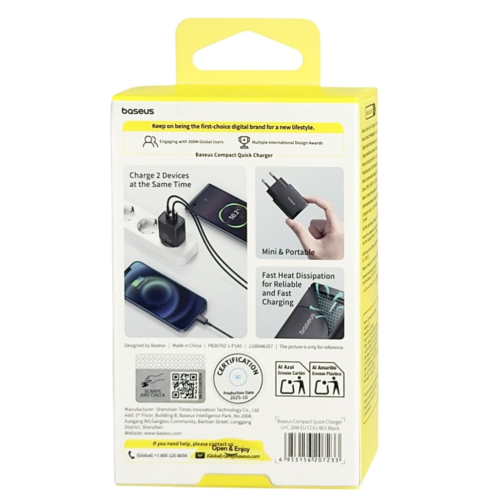 Сетевое зар. устр. Baseus Compact 20W EU 1USB/1C CCXJ-B01 черное