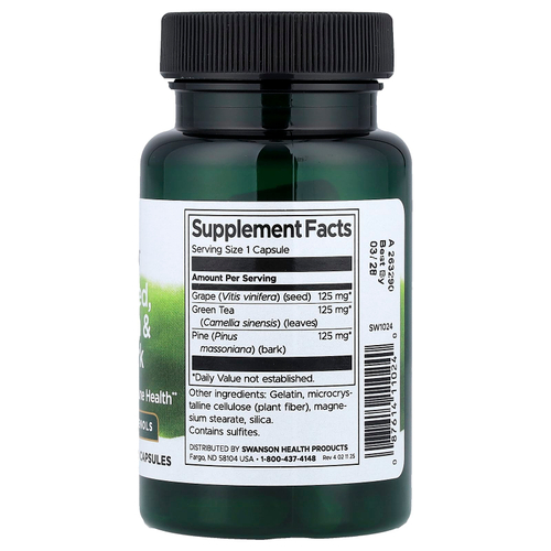Swanson Vitamins, виноградные косточки, комплекс с зеленым чаем и сосновой корой, 60 капсул
