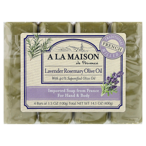 A La Maison de Provence, кусковое мыло для рук и тела, лаванда и розмарин, оливковое масло, 4 шт. по 100 г (3,5 унции)