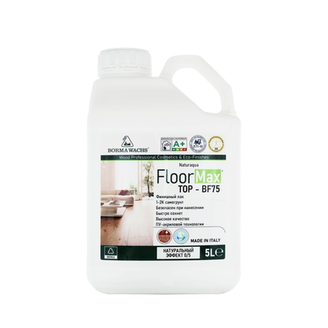 Паркетный лак на водной основе 1-2К Borma Naturaqua Floormax Top BF75 самогрунтующийся 5 л Натуральный эффект 0-5% для внутренних работ NAT4165.5-5