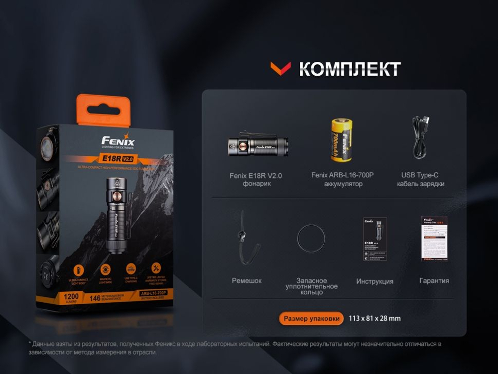 Фонарь Fenix E18R V2.0 NEBULA, подарочный вариант, на каждый день, зарядка Type-C, 1200 люмен