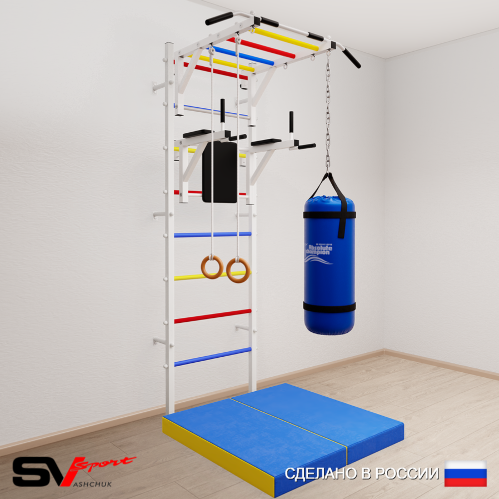 Шведская стенка Sv Sport усиленная 6415 (Турник рукоход/Брусья/Кольца/Цепь/Мешок 15кг/Мат 1м)