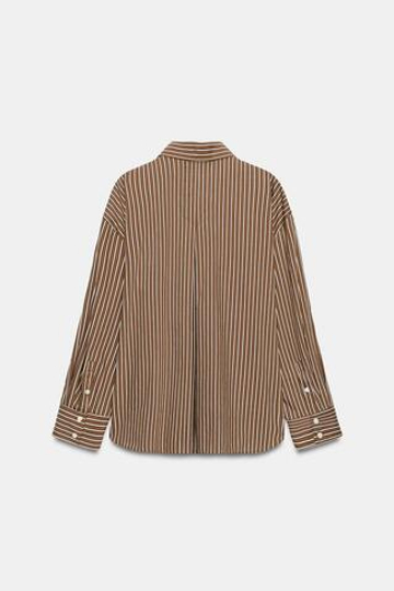 ZARA РУБАШКА ОВЕРСАЙЗ ИЗ ПОПЛИНА В ПОЛОСКУ, КОРИЧНЕВЫЙ/ЭКРЮ