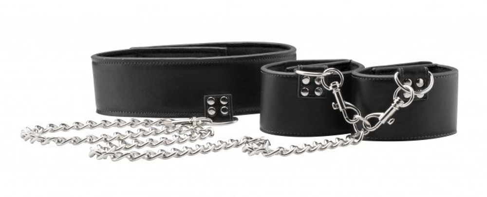 Чёрный двусторонний ошейник с наручниками Reversible Collar and Wrist Cuffs (Цвет: черный)