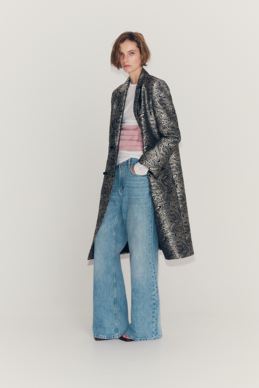ZARA ЖАККАРДОВОЕ ПАЛЬТО — ZW COLLECTION, СЕРЫЙ