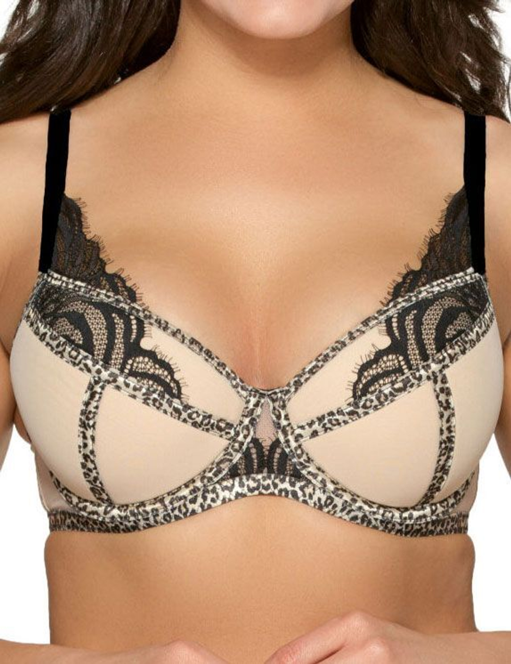 Пуш-ап бюстгальтер с контрастным кружевом и леопардовой отделкой (Размер: 80D) (Цвет: телесный)