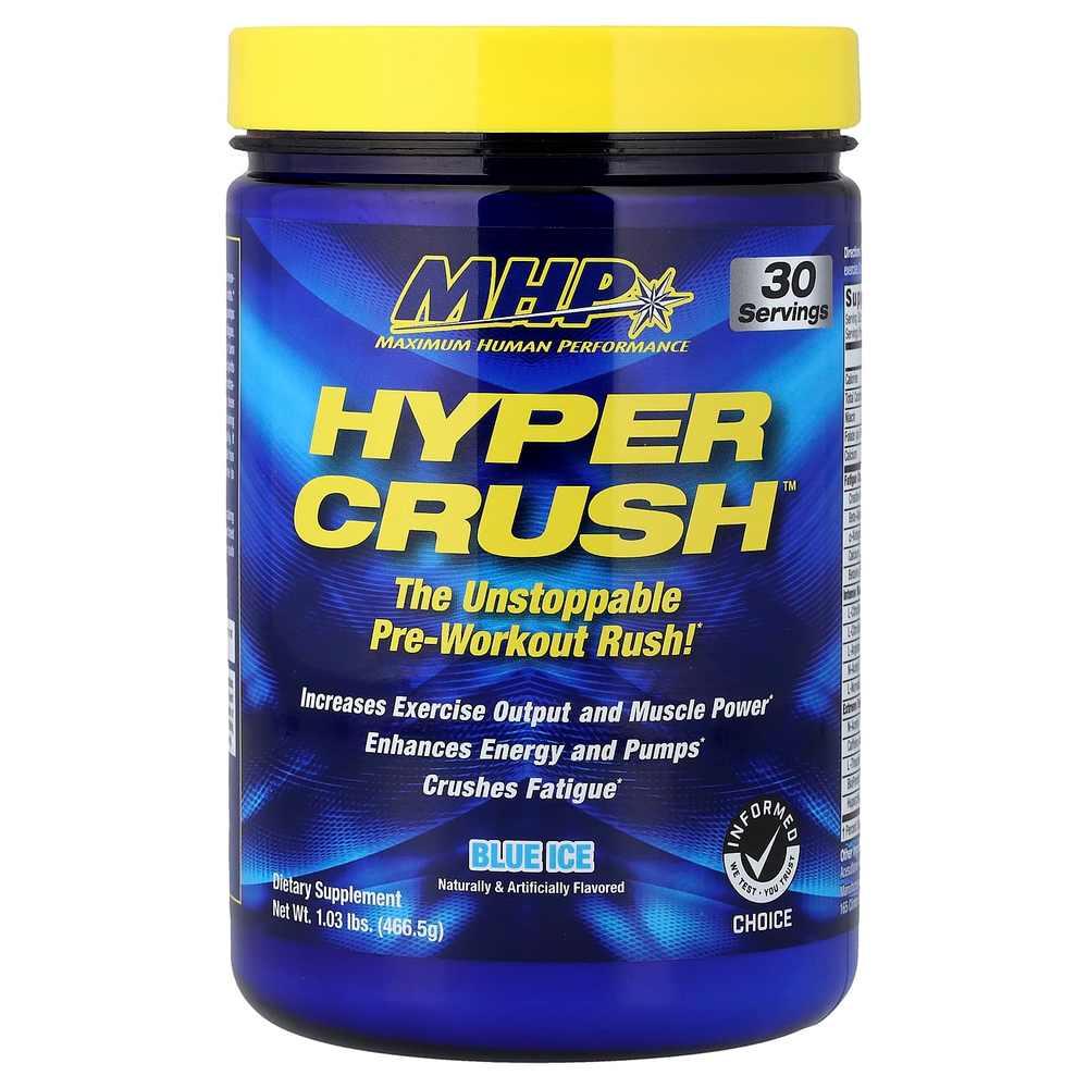 MHP, Hyper Crush™, предтренировочный комплекс, со вкусом голубой лед, 466,5 г (1,03 фунта)