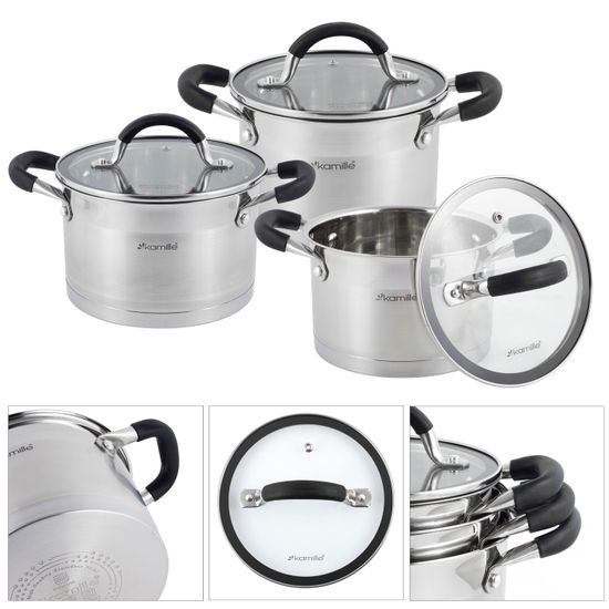 Набор кастрюль 6 предметов из нержавеющей стали Kamille KM 5752 (2,0 л; 2,7 л; 3,7 л) с силиконовыми вставками на ручках