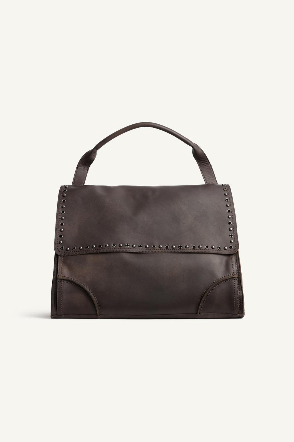 ZARA КОЖАНАЯ СУМКА ЧЕРЕЗ ПЛЕЧО С ЗАКЛЕПКАМИ, КОРИЧНЕВЫЙ