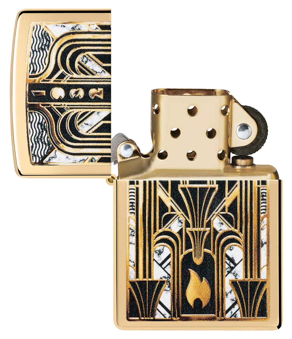 Зажигалка ZIPPO Пламя в стиле ар-деко с покрытием Глянцевая латунь | Art Deco Flame High Polish Bras