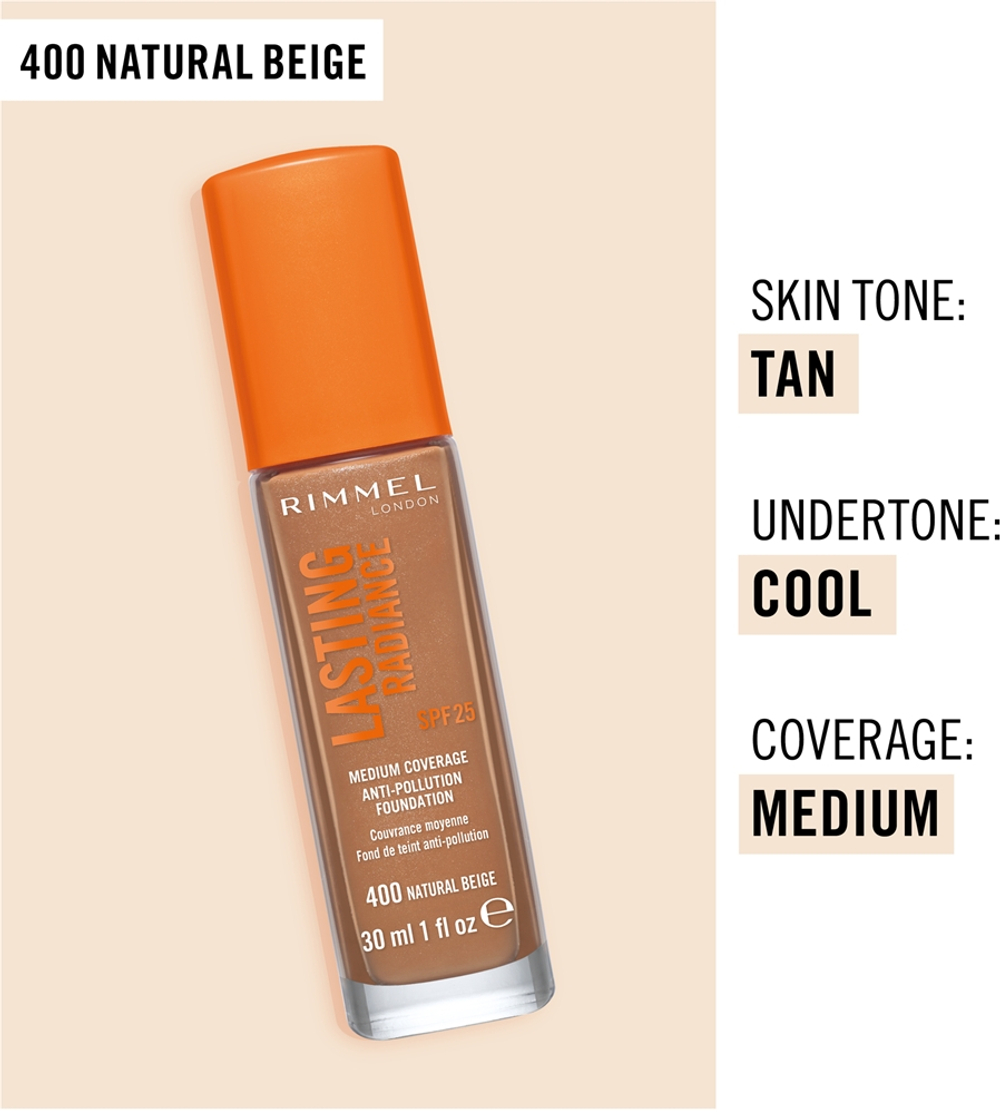 Rimmel Lasting Radiance - Тональная основа с SPF 25, осветляющая оттенок 400 Natural Beige, 30 ml