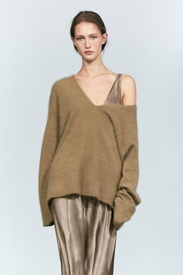 Massimo Dutti Трикотажный джемпер оверсайз с V-образным вырезом, оливковый
