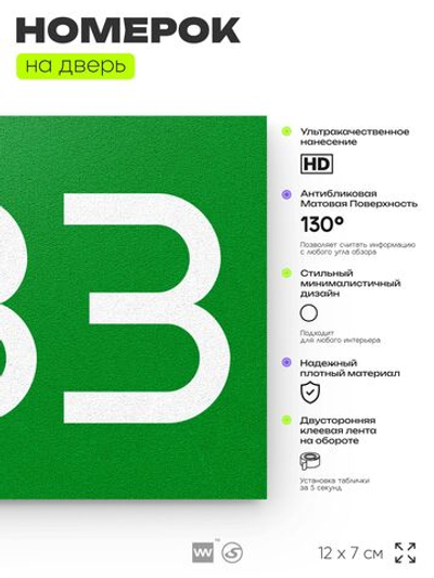 Номер на дверь 233, табличка на дверь для офиса, квартиры, кабинета, аудитории, склада, зеленая 120х70 мм, Айдентика Технолоджи