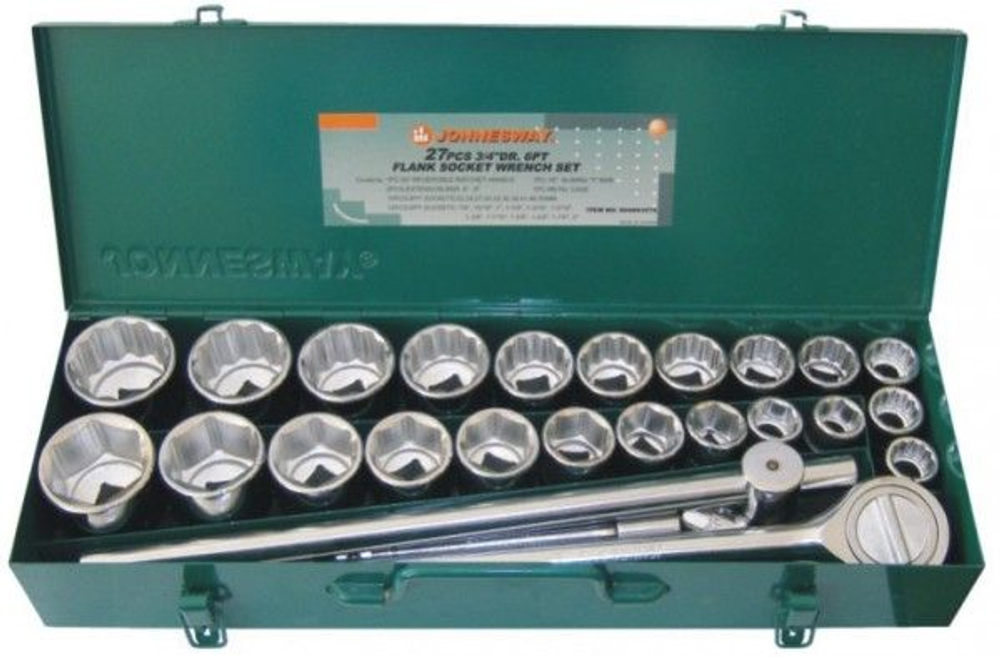 Jonnesway S04H6327S Набор головок торцевых 3/4"DR, дюймовых 12 гр. SAE 7/8"--2", метрических 6 гр. 22-50 мм, 27 предметов