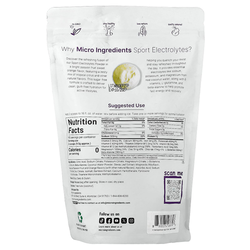 Micro Ingredients, электролиты в порошке, маракуйя и цитрус, 907 г (2 фунта)