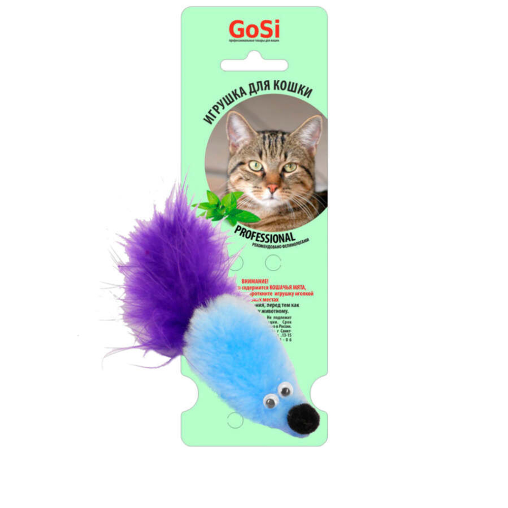 PETTO GoSi Игрушка "Мышь с мятой" голубой мех с хвостом из пера