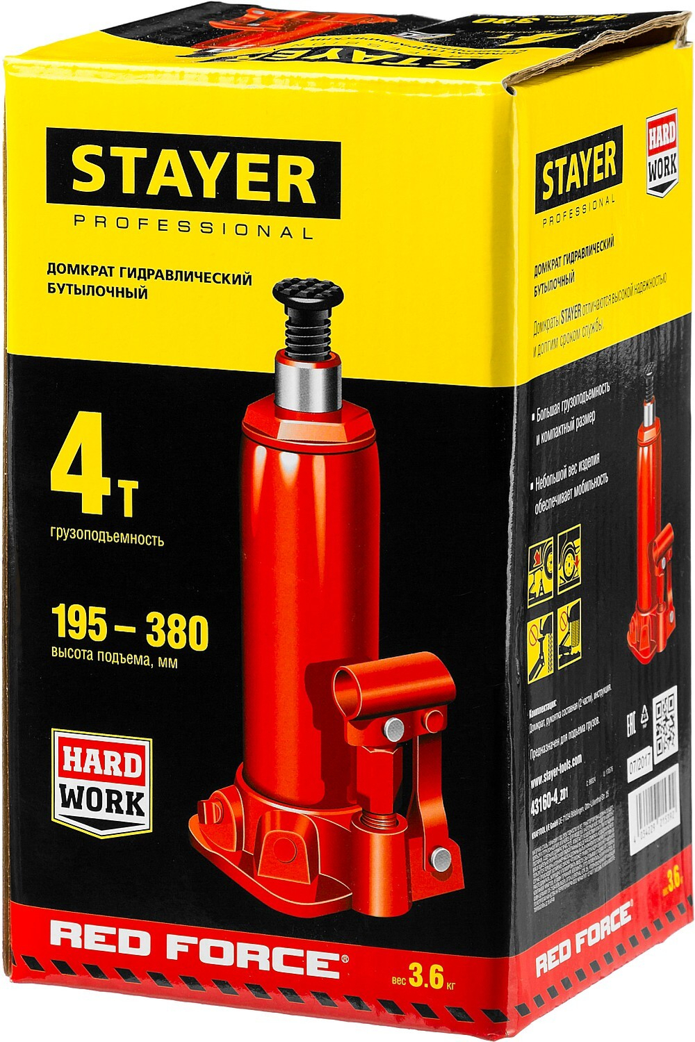STAYER RED FORCE, 4 т, 195 - 380 мм, бутылочный гидравлический домкрат, Professional (43160-4)