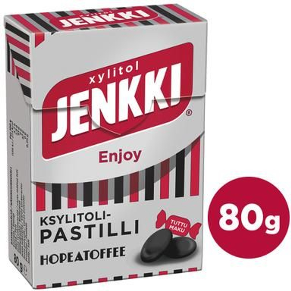 Пастилки с ксилитом Jenkki Enjoy Hopeatoffee со вкусом лакрицы и ириски 80 г (из Финляндии)