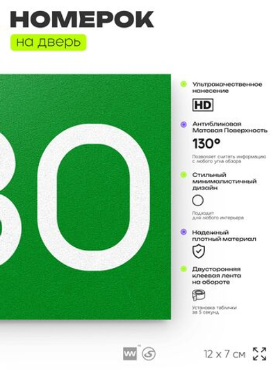 Номер на дверь 280, табличка на дверь для офиса, квартиры, кабинета, аудитории, склада, зеленая 120х70 мм, Айдентика Технолоджи