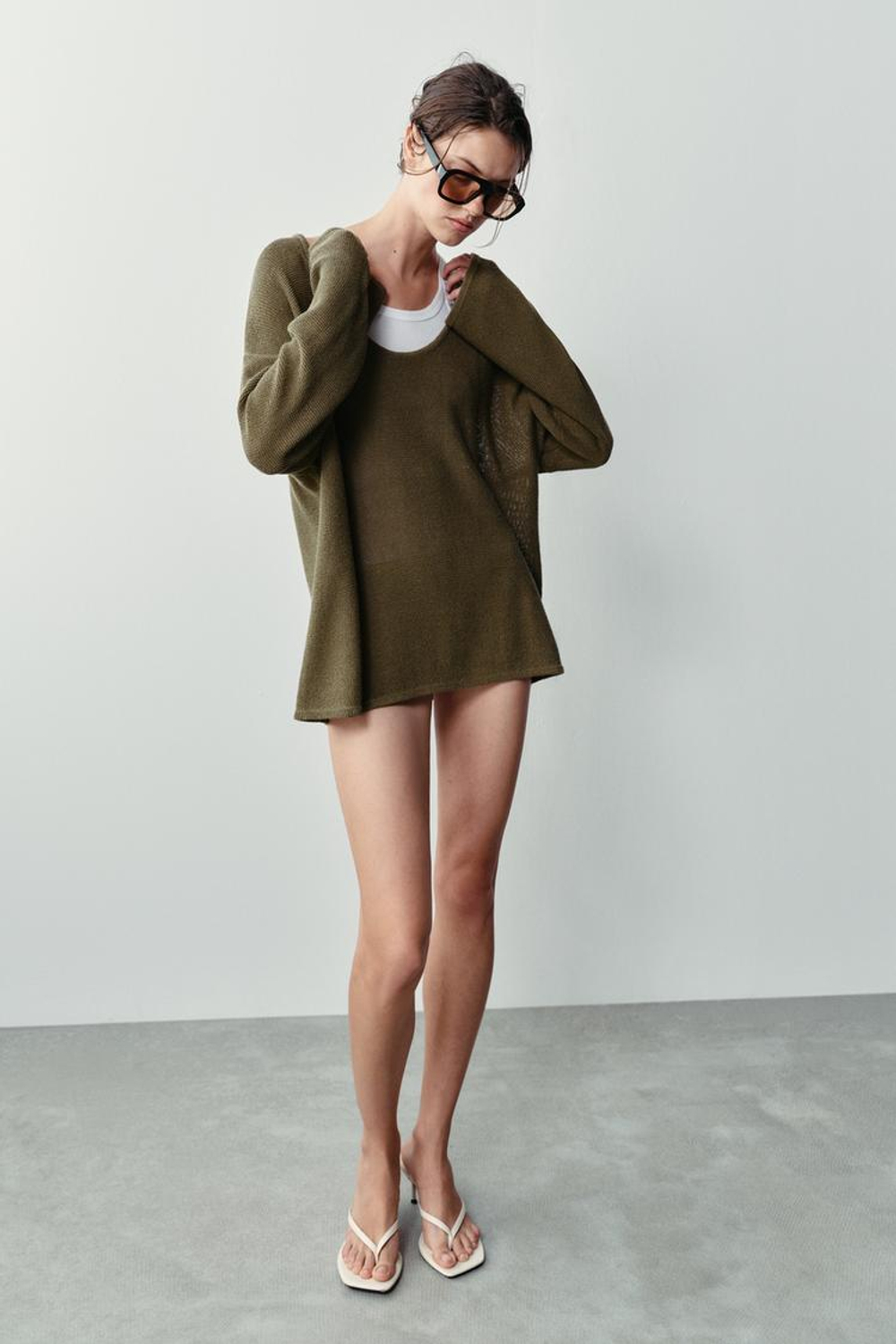 ZARA СВИТЕР С КРУГЛЫМ ВЫРЕЗОМ, ХАКИ