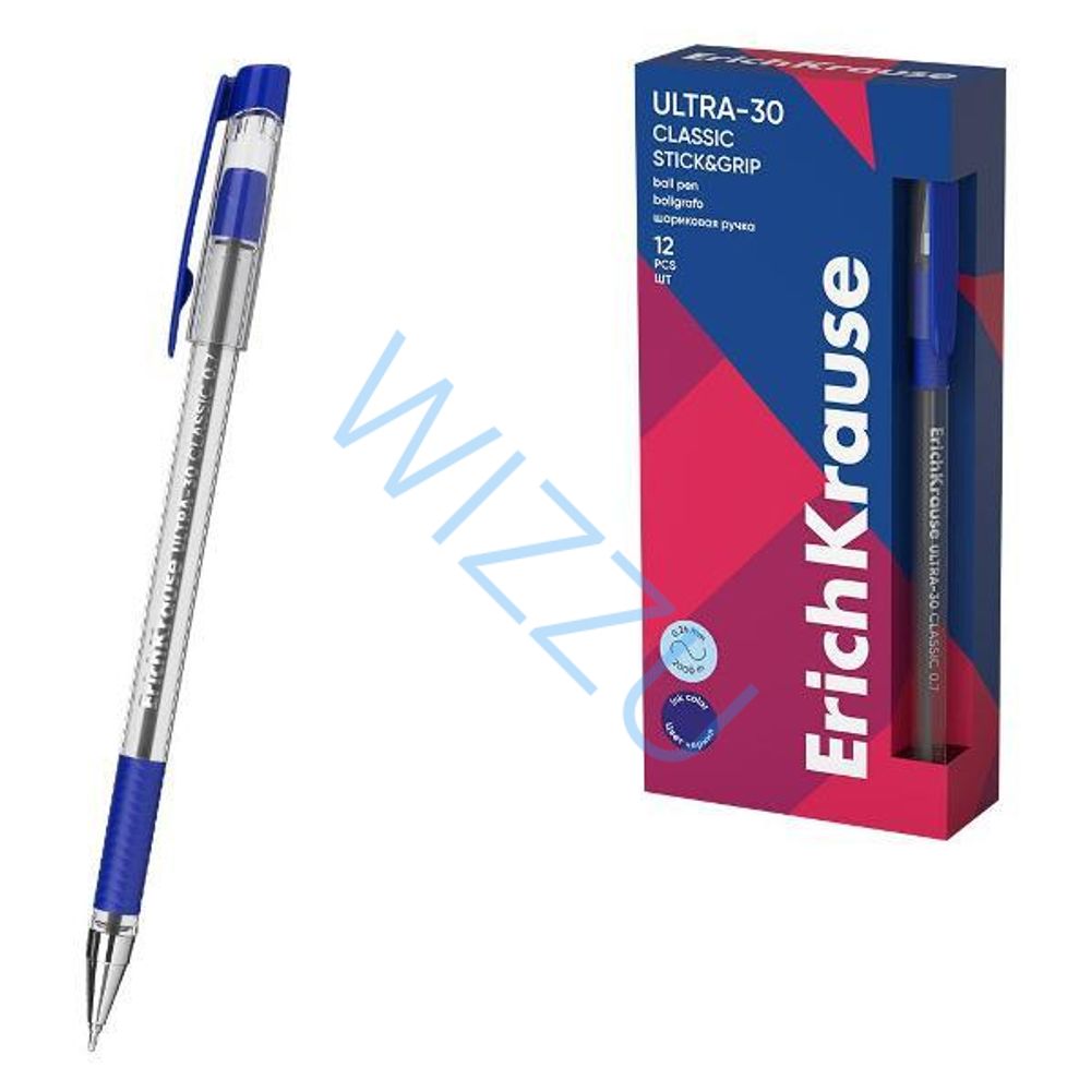 Ручка шариковая ErichKrause ULTRA-30 Stick&Grip Original 0.7, Super Glide Technology, цвет чернил синий (в коробке по 12 шт.) Арт.55392