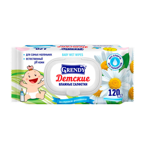 САЛФЕТКИ ВЛАЖНЫЕ GRENDY РОМАШКА С КРЕМОМ И КЛАПАНОМ 120 ШТ