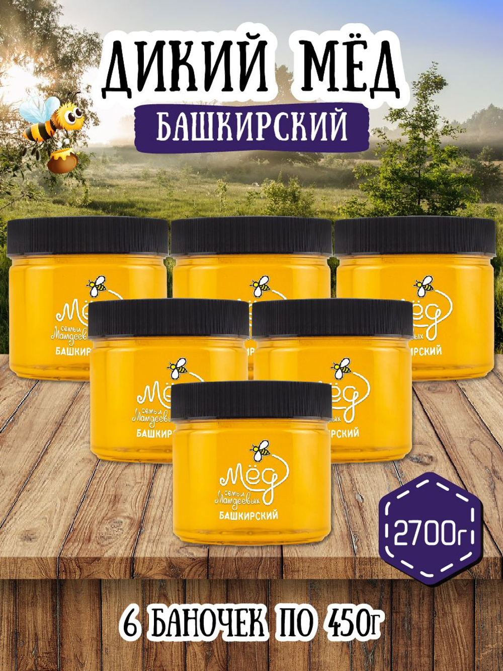 Мёд натуральный дикий набор (6 банки по 450 г), 2700 г