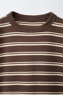ZARA ФУТБОЛКА HEAVY WEIGHT В ПОЛОСКУ, КОРИЧНЕВЫЙ