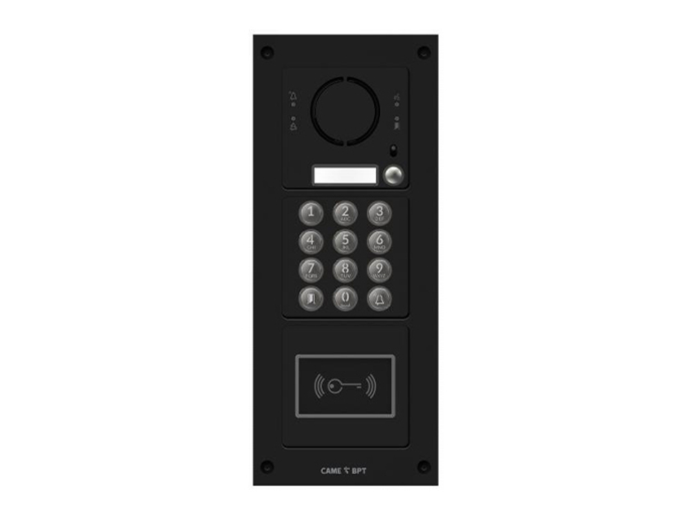 Вызывная вандалозащитная IP-аудиопанель MTM с 1 кнопкой, кодонаборной клавиатурой и считывателем 3 модуля, цвет темно-серый