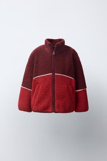 ZARA КУРТКА ИЗ ИСКУССТВЕННОЙ ОВЧИНЫ С КОНТРАСТНОЙ ОКАНТОВКОЙ, НАСЫЩЕННЫЙ КРАСНЫЙ